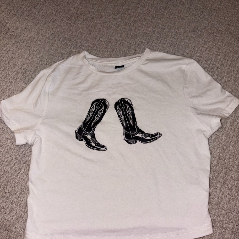 White T-Shirt with Black Cowboy Boots Graphic